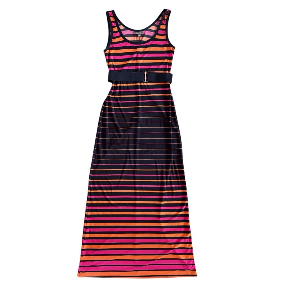 Y2K Roz & Ali stretchy Striped Maxi Dress with Belt USA beach summer sz 4 #961